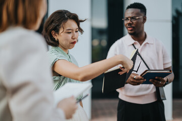 A diverse group of people engages in an outdoor business meeting. The image captures teamwork,...