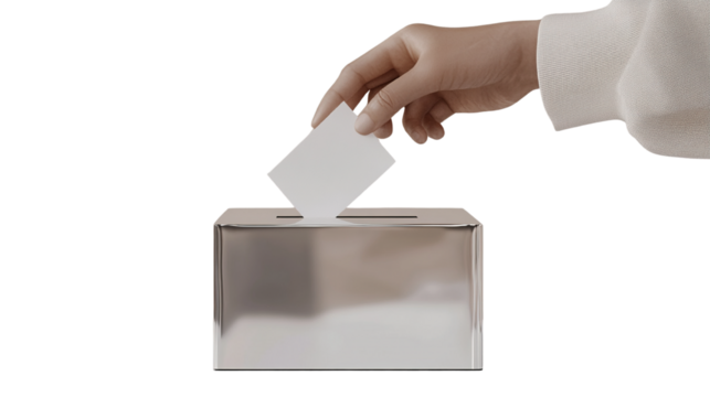 Voting process: Hand casting a vote into a ballot box, civic engagement