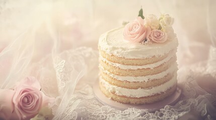 A Delicate Naked Wedding Cake with Pastel Pink Roses and Creamy Vanilla Layers, Beautifully Presented on a Lace Tablecloth. Perfect for Wedding Inspiration and Romantic Dessert Photography.