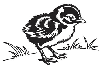 A monochrome chick stands gracefully on grass, rendered in stark black and white