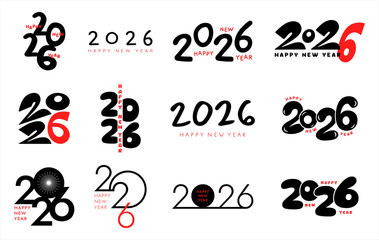Happy New Year 2026 greetings inscription lettering big set, hand drawn and digital typographic compositions. Bold blobby playful black marker uneven rounded numbers letters. Modern trendy type fonts.