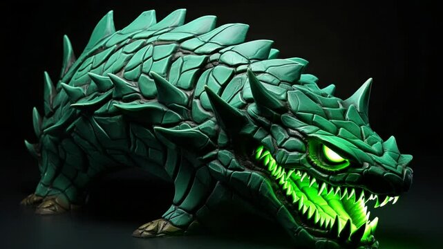 Menacing Green Dragon Creature with Glowing Mouth and Spiked Body against Dark Background
