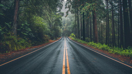 Serene forest road surrounded by tall trees creates peaceful atmosphere, inviting exploration and adventure