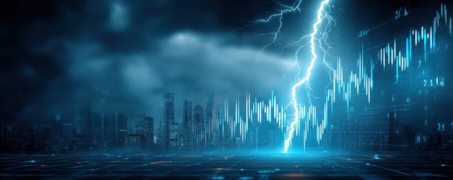 Fear of interest rate recession in the global economy concept. A futuristic cityscape under a stormy sky with lightning striking and digital financial graphs overlaying the scene. - Powered by Adobe