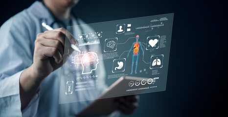 Doctor using smart tablet diagnostics with AI interface, analyzing brain, heart, lungs, and organs for precision medicine. technology and digital smart healthcare and innovative patient analysis.