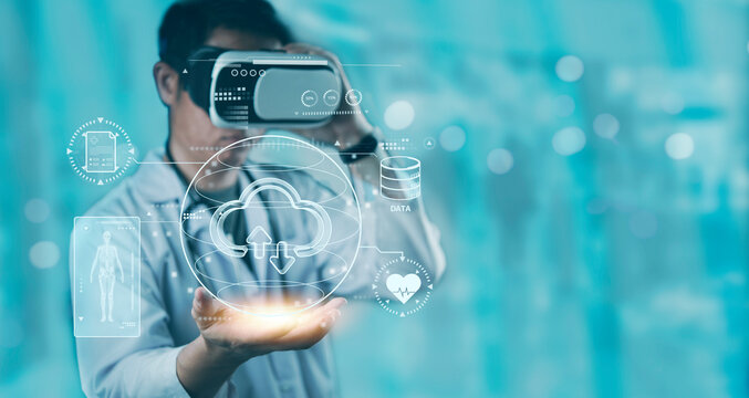 Doctor using VR headset to access cloud healthcare data, future medical technology, AI analysis, big data, and virtual reality in health innovation. Concept smart hospitals artificial intelligence.