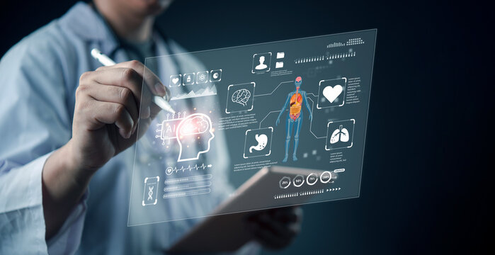 Doctor using smart tablet diagnostics with AI interface, analyzing brain, heart, lungs, and organs for precision medicine. technology and digital smart healthcare and innovative patient analysis. - Powered by Adobe