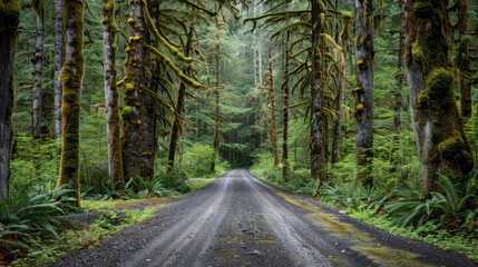 Obraz premium Serene gravel road surrounded by towering moss covered trees creates tranquil atmosphere in lush forest
