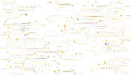 A golden background with golden circuit board lines, golden dots and yellow chips