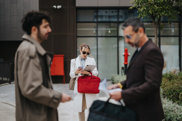 Group of people engaged in professional activities, with focus on a woman using a tablet,...