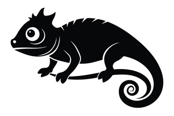 Monochrome silhouette depicts a cartoon chameleon clinging firmly to its curly tail branch