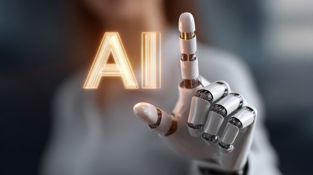 A robotic hand points at glowing 'AI' letters, showcasing advancements in technology.