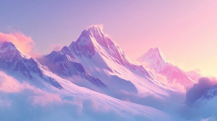 Expansive Mountain Landscape at Sunrise with Soft Pastel Colors and Misty Clouds Hovering Above Snow-Capped Peaks