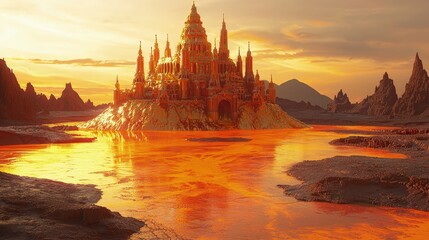 Fototapeta premium Golden castle atop a fiery landscape at sunset.