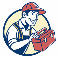 Smiling plumber icon with toolbox