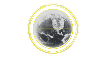Digital rendering of earth with striking yellow concentric rings and line accent