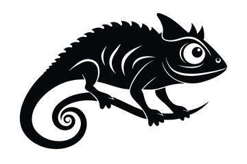 Isolated black chameleon illustration clings to a branch, showcasing its distinctive spiral tail