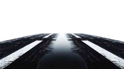 Reflective runway at night with puddles mirroring white stripes for landings