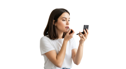 Woman Applying Lipstick Using a Small Mirror