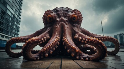 Fototapeta premium Giant Octopus with Tentacles Resting on a City Plaza on a Cloudy Day