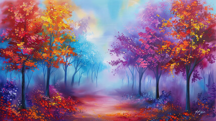 Vibrant landscape featuring colorful trees in shades of red, orange, and purple, surrounded by soft mist that creates serene atmosphere