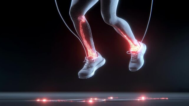 Translucent medical visualization revealing glowing skeletal structure of athletic lower leg during high intensity jump rope workout, showcasing biomechanical motion and muscular dynamics