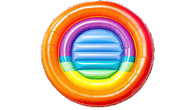 Colorful inflatable pool ring.  Concentric circles of vibrant rainbow colors create a fun, multi-level design