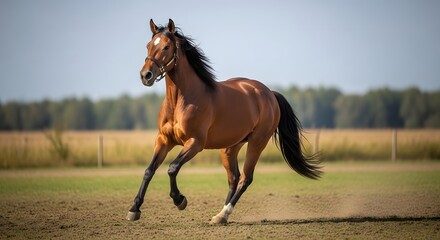 Fototapeta premium Chestnut Horse Galloping Across Sunny Field