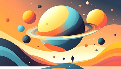Naklejka premium A surreal blend of planetary forms and space gradients in vibrant orange, teal, and yellow