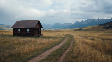 Fototapeta premium Rustic Cabin Banner Illustration Featuring Small Wooden House in Middle of Vast Meadow With Dirt Path, Surrounded by Distant Mountains, Perfect for Solitude, Nature, and Countryside Themes