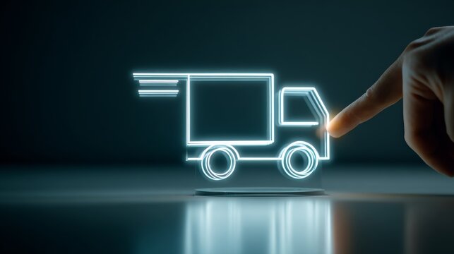 Futuristic digital truck model illuminated with neon light and a finger touching it.