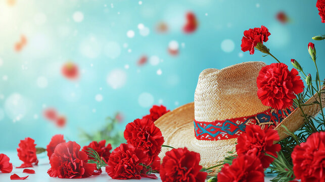 San Isidro Festival Banner With Sky Blue and White Color Scheme, Spring Sunshine Effect, Red Carnations, and Chulapo Hat Graphic Elements for Traditional Spanish Cultural Celebration Design