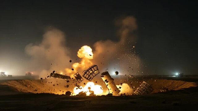 Exploding Debris Flying Out of Crater at Night