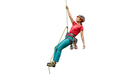 Woman Rock Climber Rappelling Down with Safety Gear on Rope