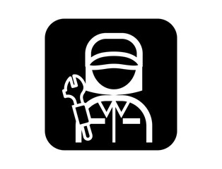 スパナを持った整備士のシンプルな四角いモノクロ白抜きイラストアイコン