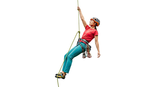 Woman Rock Climber Rappelling Down with Safety Gear on Rope