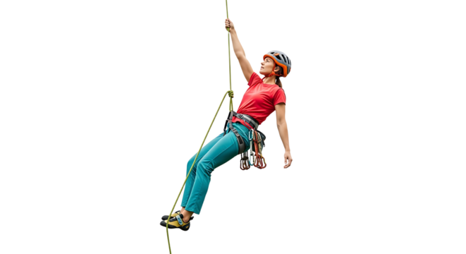 Woman Rock Climber Rappelling Down with Safety Gear on Rope