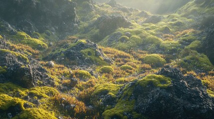 Lush Green Moss and Vibrant Yellow Grass Covering Rocky Terrain in Soft Amber Light at Sunrise
