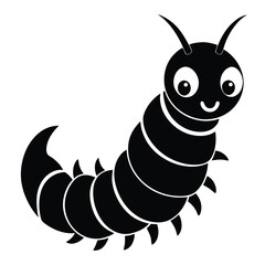Cheerful black caterpillar with big eyes crawls forward happily on the white background