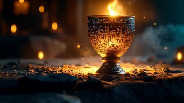 Ornate ancient chalice with hieroglyphs, fire inside, mystical atmosphere, stone ground, glowing, warm light, fantasy, antiquity, mysterious, old