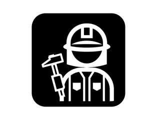 ハンマーを持った職人のシンプルな四角いモノクロ白抜きイラストアイコン