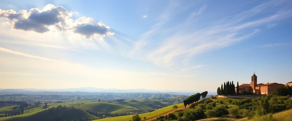 Panoramic view of Arezzo, Tuscany, rolling hills, sun-drenched landscape,  panorama,  rural