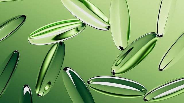 looping 3d animation. Abstract minimalist green aesthetic background. Levitating round glass lenses float on air, arranged in the shape of a flower, spin and rotate like a kaleidoscope