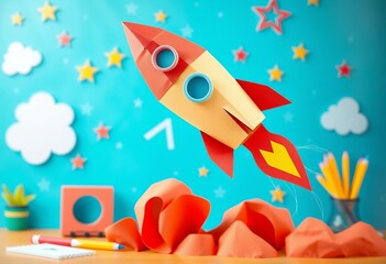 Paper rocket craft launching upwards against a bright, back-to-school themed background, design, paper