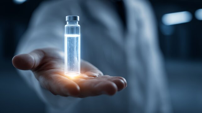 Scientist holding a glowing vial of liquid in a laboratory setting.