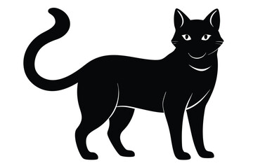 Alert black cat stands observing with watchful eyes and a curled tail behind