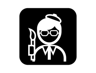 絵筆を持った画家のシンプルな四角いモノクロ白抜きイラストアイコン