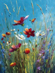 Obraz premium A peaceful summer meadow landscape oil painting with blooming wildflowers and a clear blue sky, featuring soft brushstrokes and a calm, natural atmosphere for tranquil decor and art concepts.
