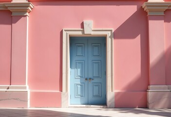 Fototapeta premium Pastel pink building, pale blue doorway framed by marble, Athens, Greece, pale, marble