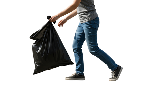 Person Carrying a Black Garbage Bag for Disposal